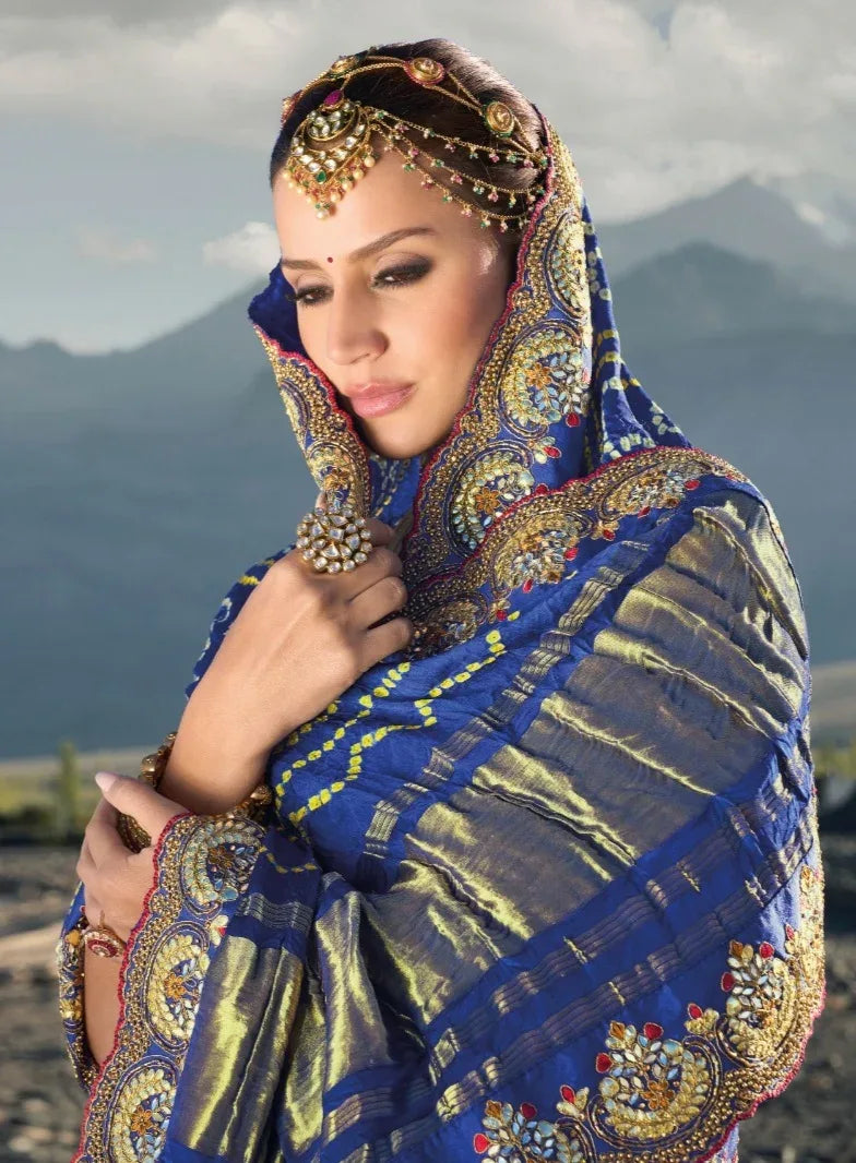 Boutique Designer Wedding Pure Kacchi Bandhej Satin Saree design 7303
