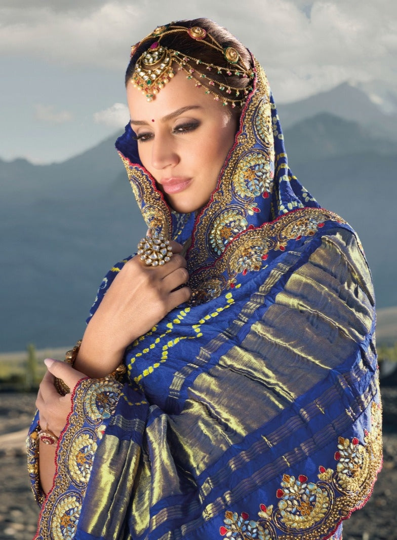 Boutique Designer Wedding Pure Kacchi Bandhej Satin Saree design 7303