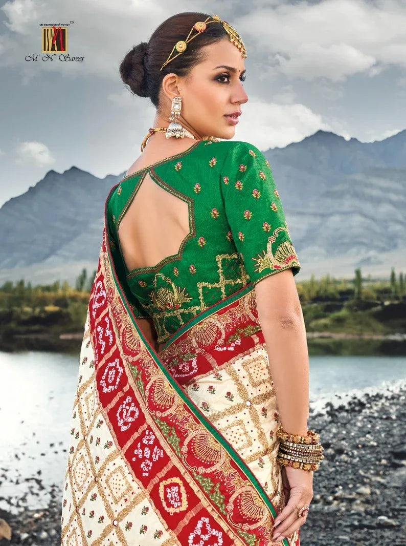 Boutique Designer Wedding Pure Kacchi Bandhej Satin Saree design 7302