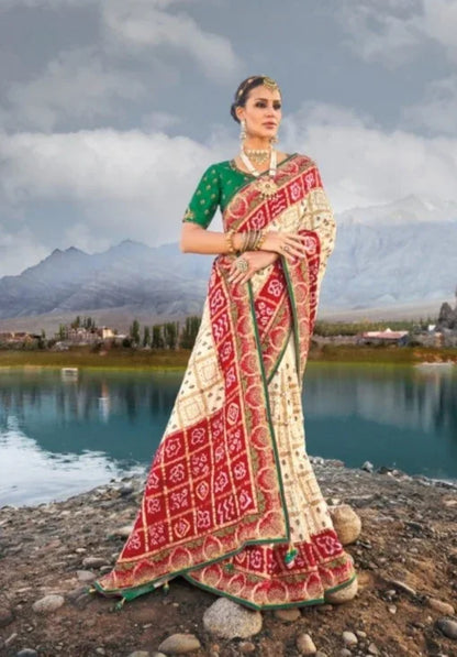 Boutique Designer Wedding Pure Kacchi Bandhej Satin Saree design 7302