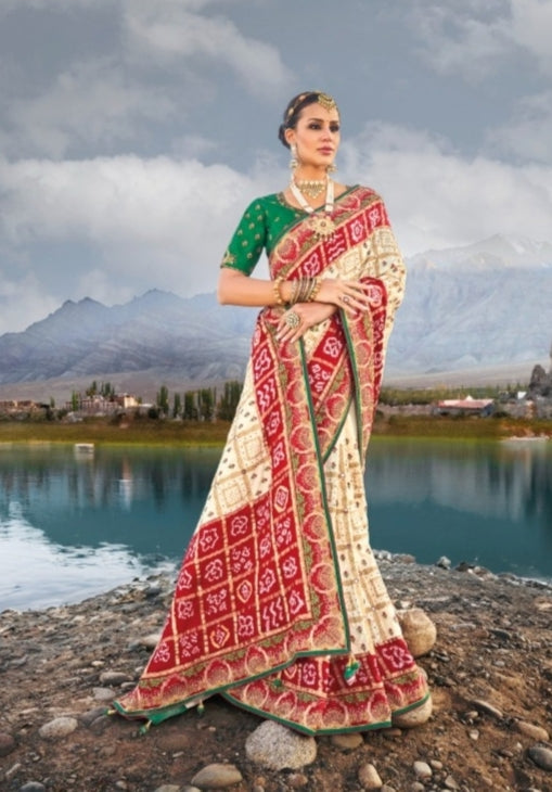Boutique Designer Wedding Pure Kacchi Bandhej Satin Saree design 7302