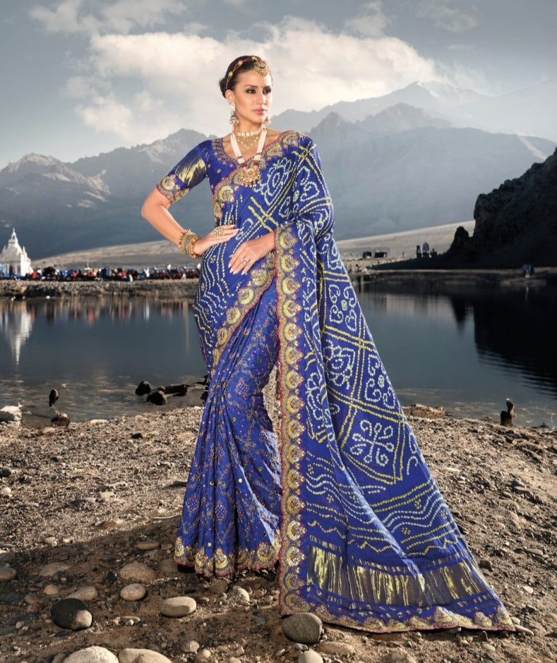 Boutique Designer Wedding Pure Kacchi Bandhej Satin Saree design 7303