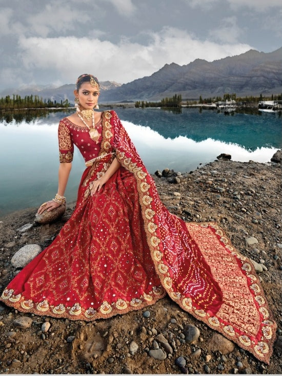 Boutique Designer Wedding Pure Kacchi Bandhej Satin Saree design 7301