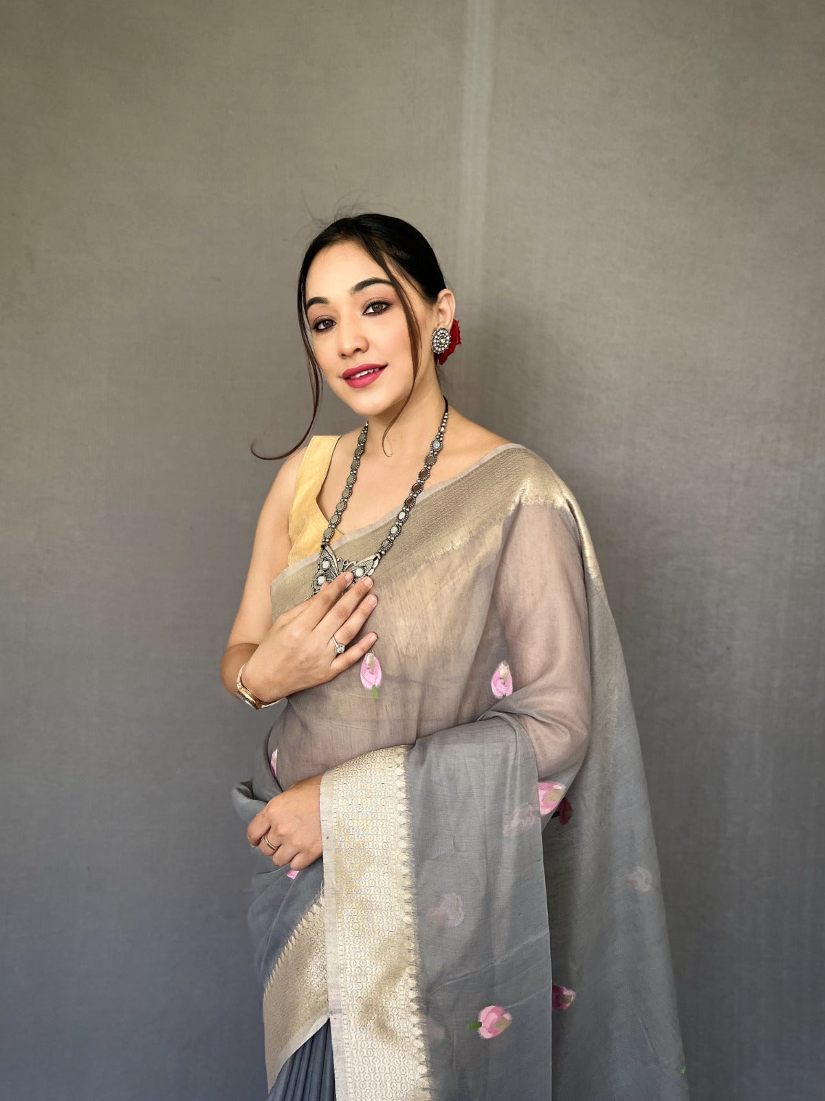 Party Wear Designer Lotus Pure Cotton Linen Saree