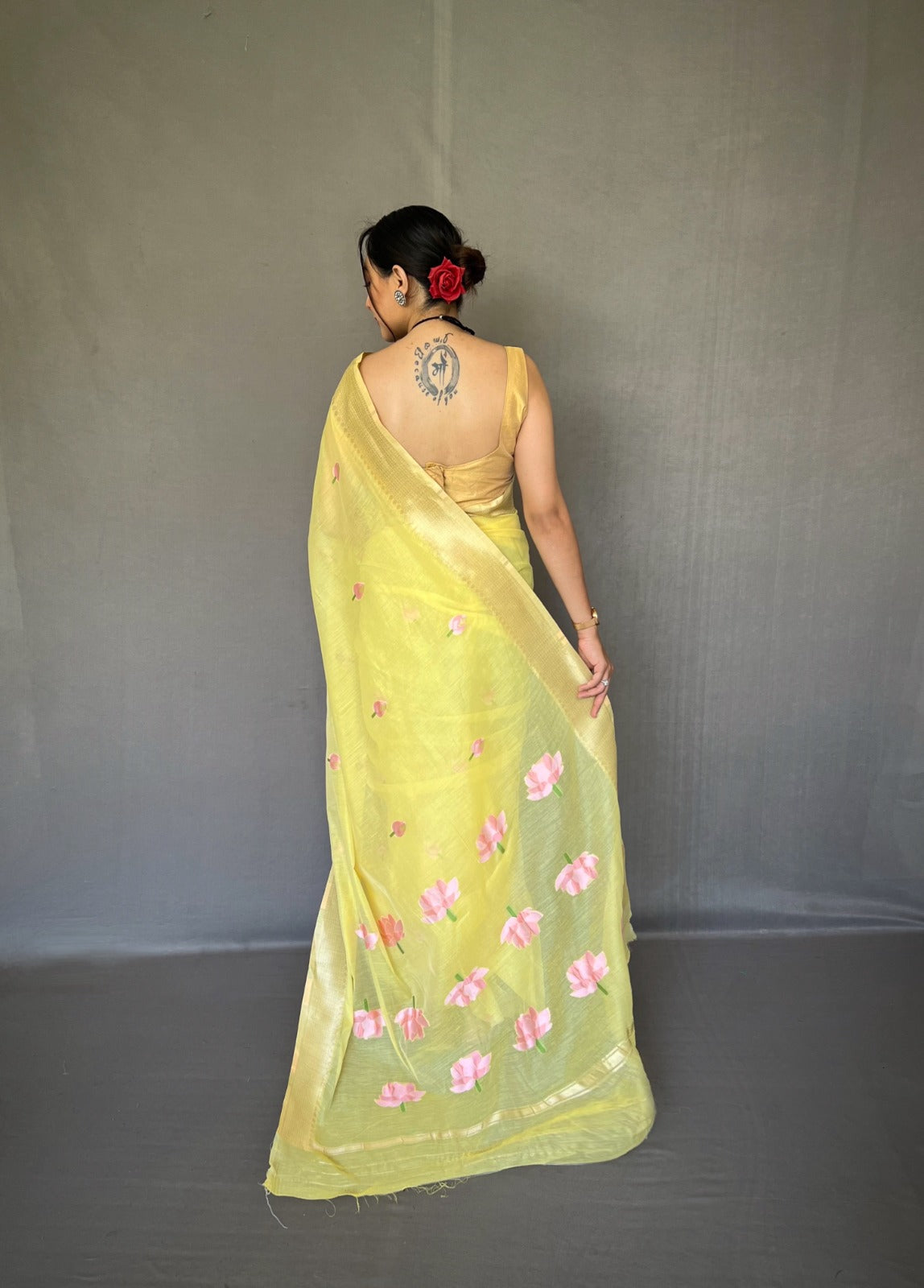 Party Wear Designer Lotus Pure Cotton Linen Saree