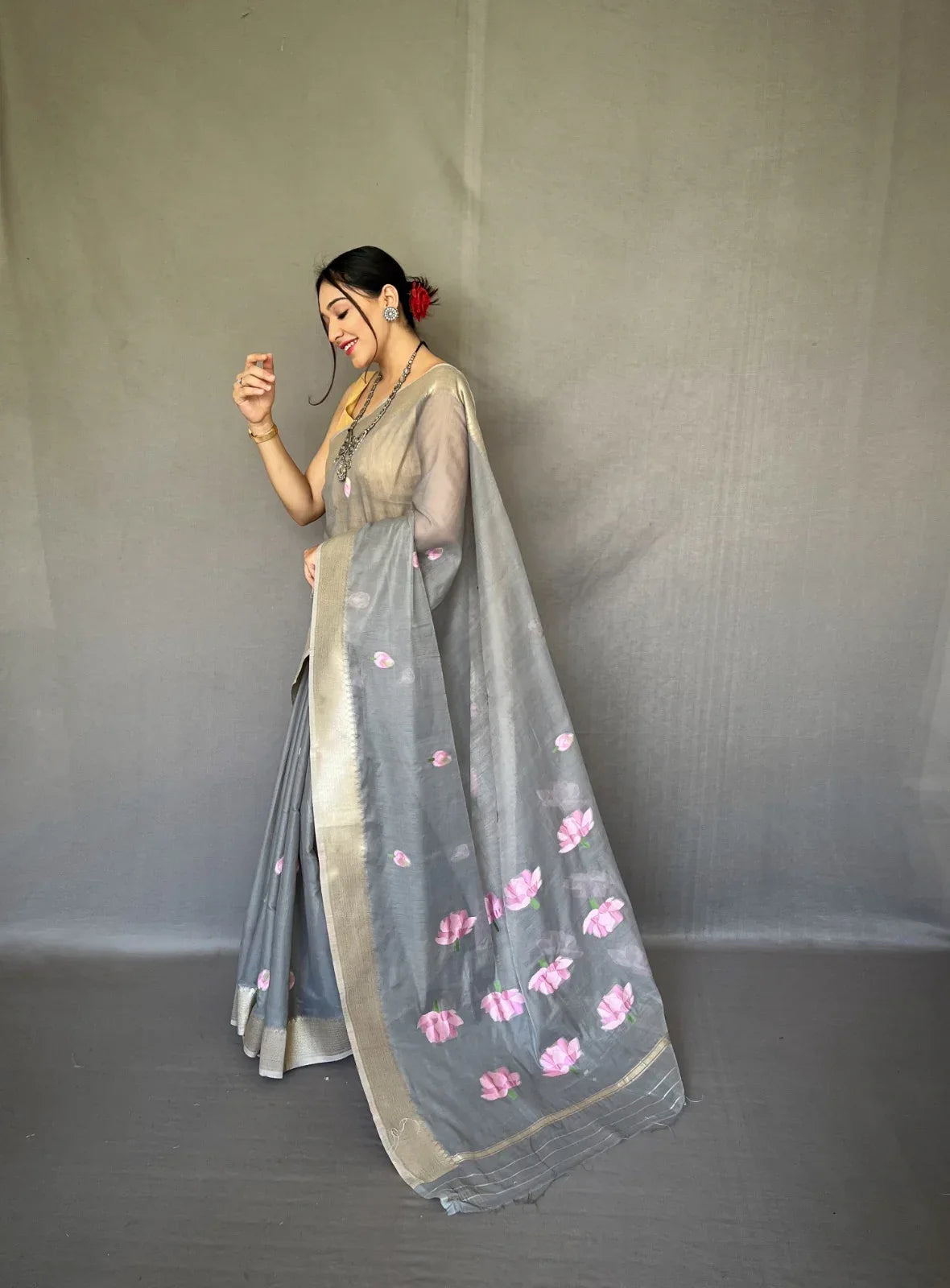 Party Wear Designer Lotus Pure Cotton Linen Saree