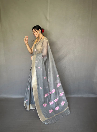 Party Wear Designer Lotus Pure Cotton Linen Saree