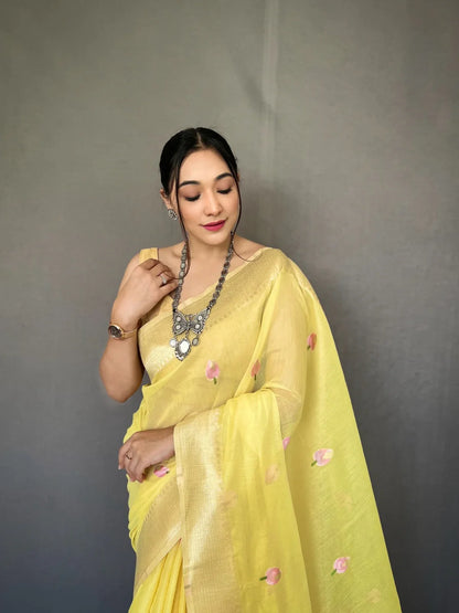 Party Wear Designer Lotus Pure Cotton Linen Saree