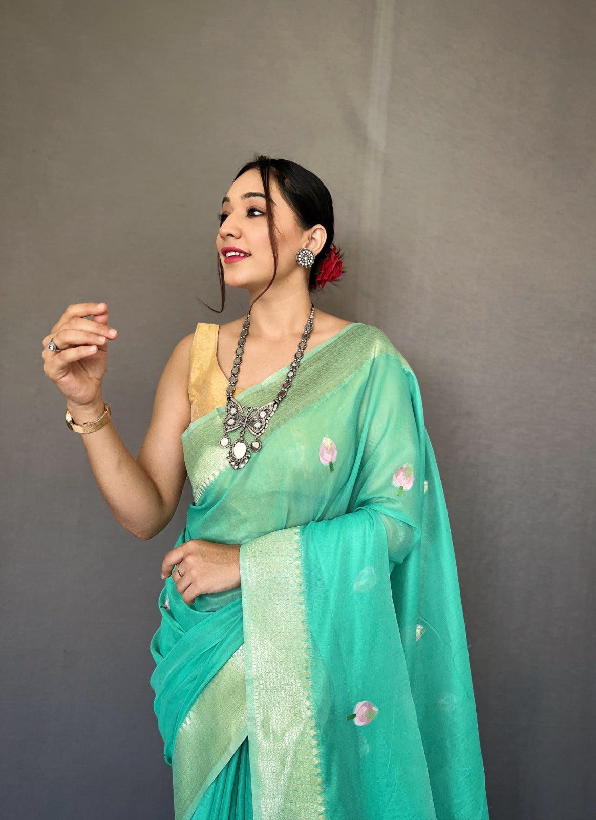 Party Wear Designer Lotus Pure Cotton Linen Saree