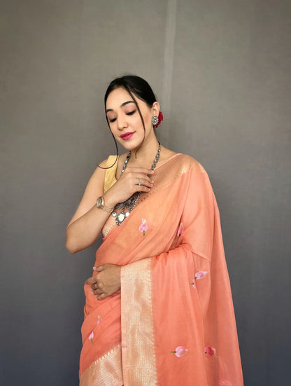Party Wear Designer Lotus Pure Cotton Linen Saree