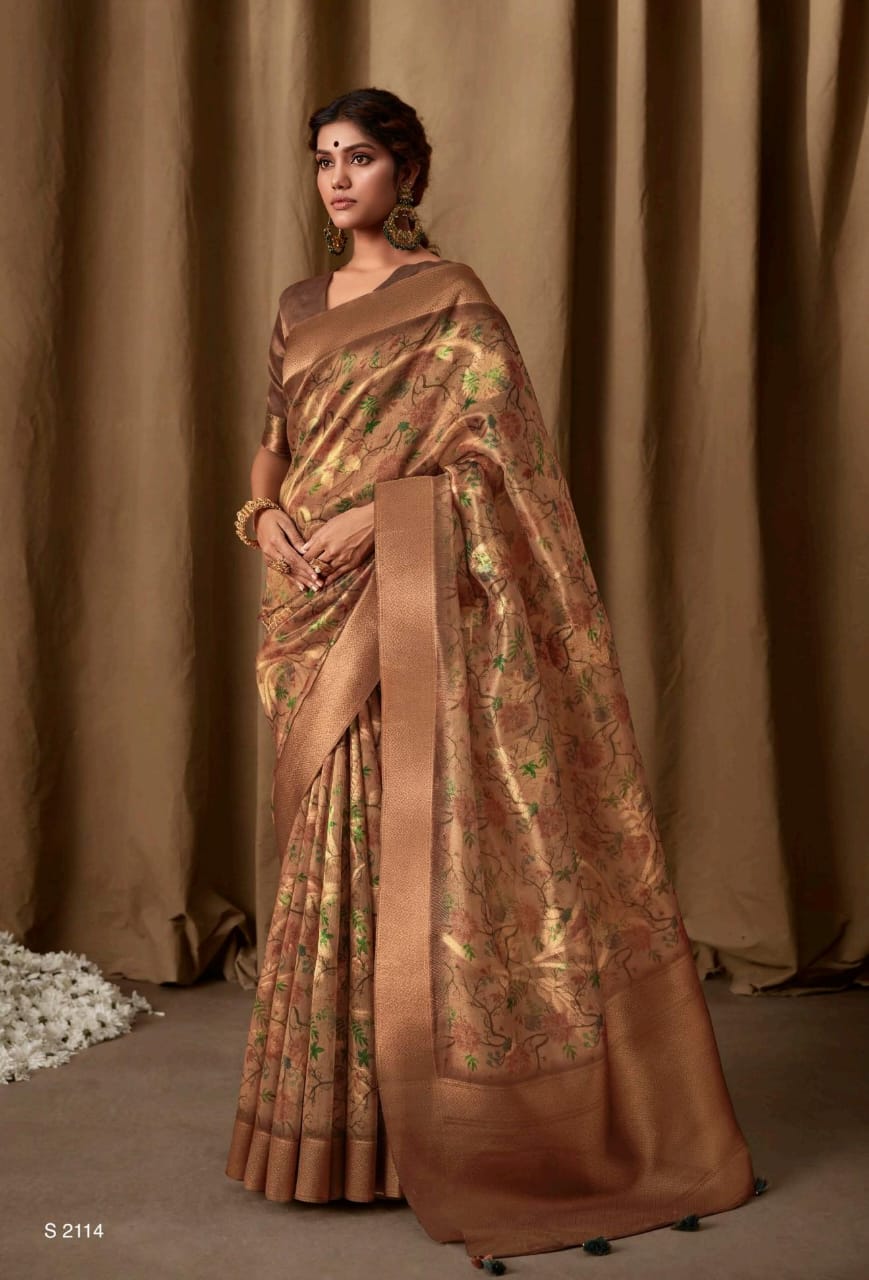 Beautiful Designer Pure Zari Linen With Floral Print Saree