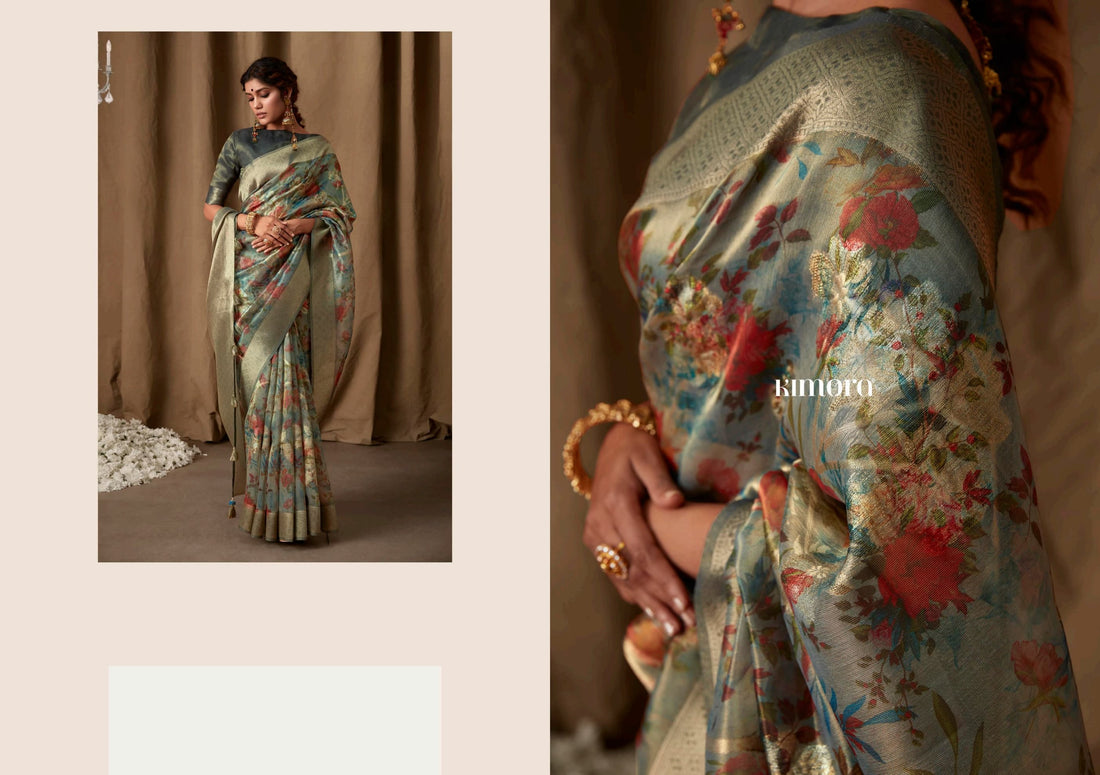 Beautiful Designer Pure Zari Linen With Floral Print Saree
