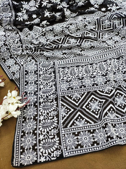 Beautiful Designer Pure Georgette Lakhnowi Thread Work Saree