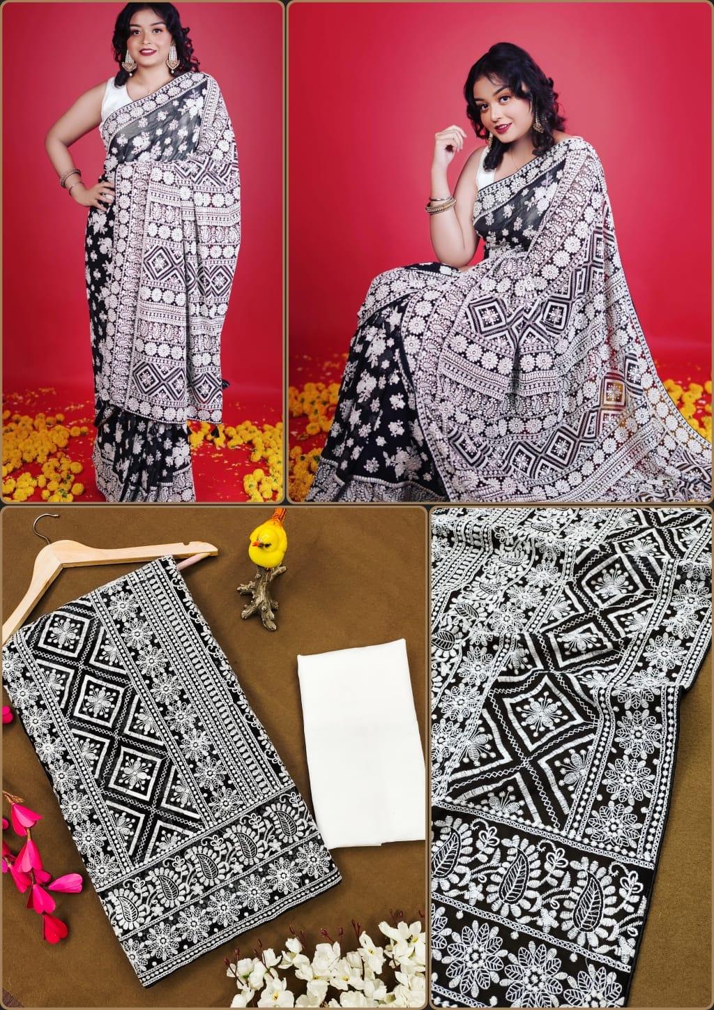 Beautiful Designer Pure Georgette Lakhnowi Thread Work Saree