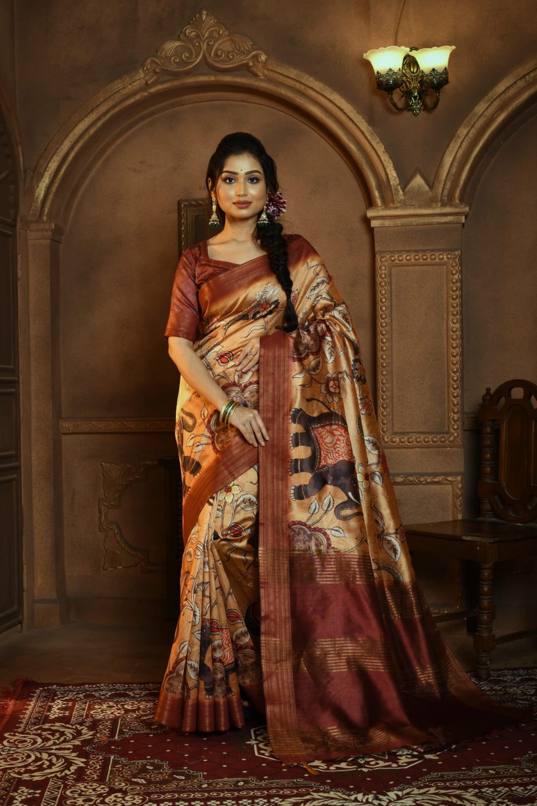 Beautiful Designer Ghicha Tussar With Kalamkari Print Saree