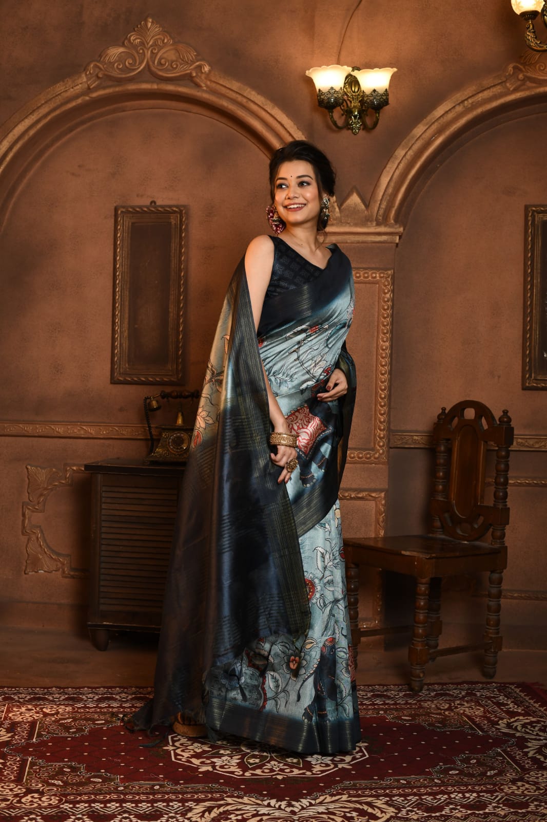 Beautiful Designer Ghicha Tussar With Kalamkari Print Saree