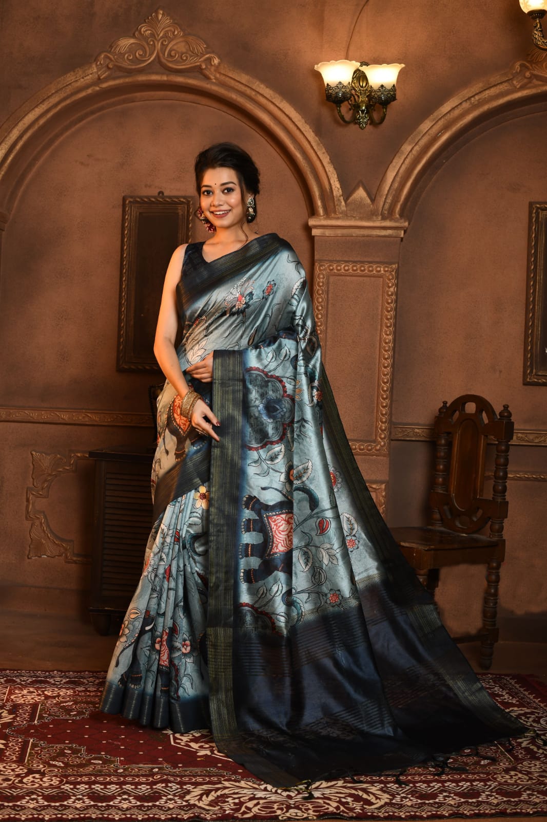 Beautiful Designer Ghicha Tussar With Kalamkari Print Saree