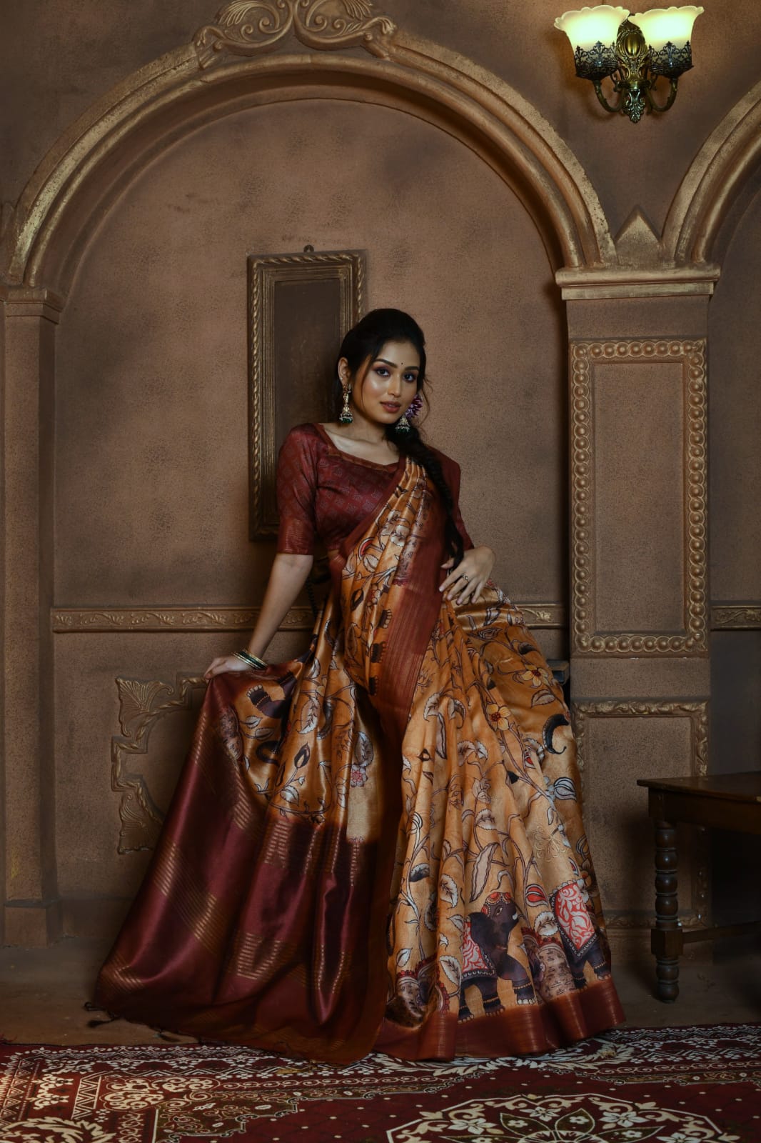 Beautiful Designer Ghicha Tussar With Kalamkari Print Saree