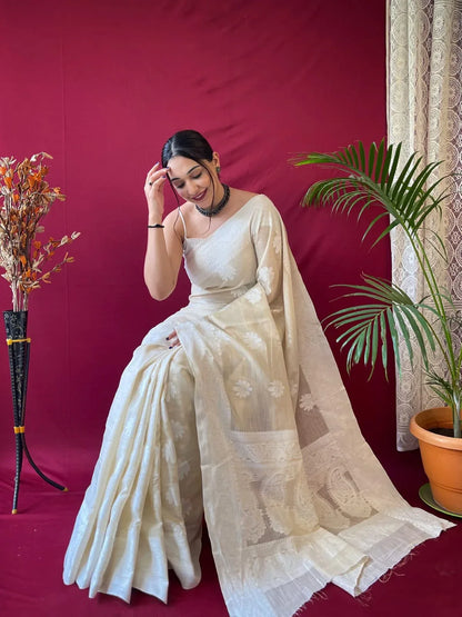 Designer Upasna Pure Linen Lucknowi Weaving Saree