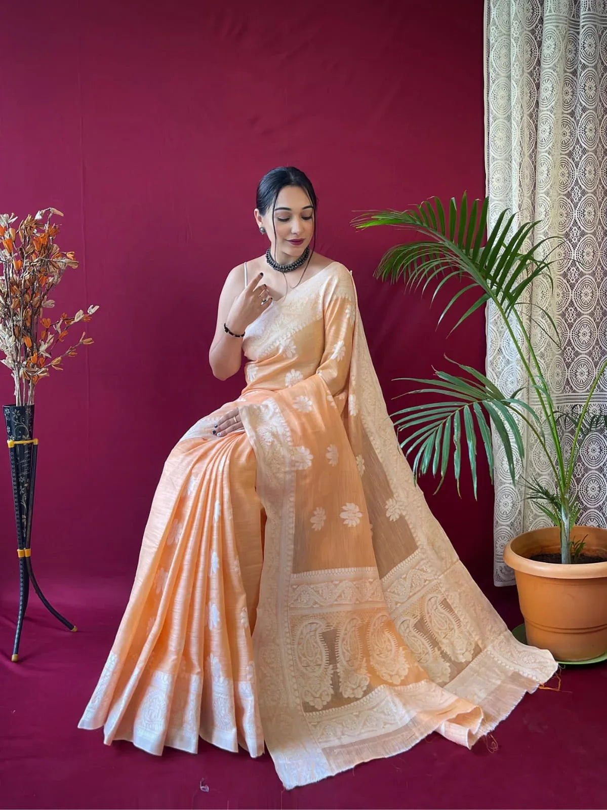 Designer Upasna Pure Linen Lucknowi Weaving Saree