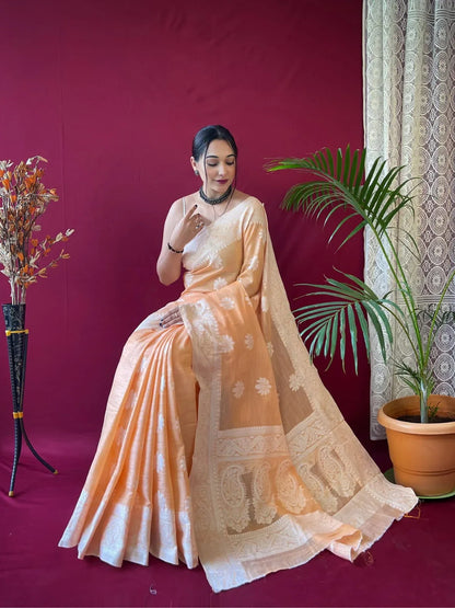 Designer Upasna Pure Linen Lucknowi Weaving Saree