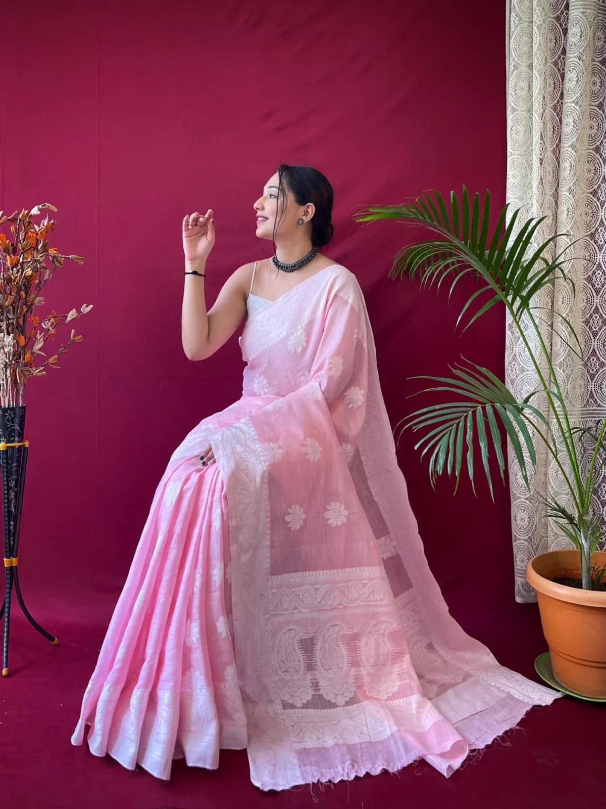 Designer Upasna Pure Linen Lucknowi Weaving Saree
