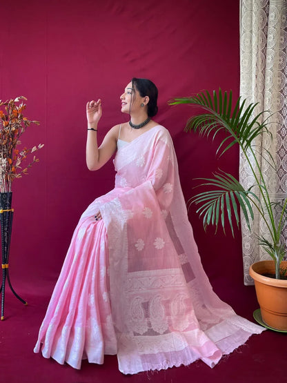 Designer Upasna Pure Linen Lucknowi Weaving Saree