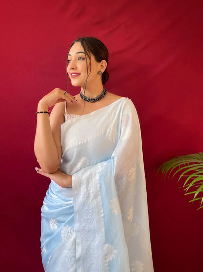 Designer Upasna Pure Linen Lucknowi Weaving Saree