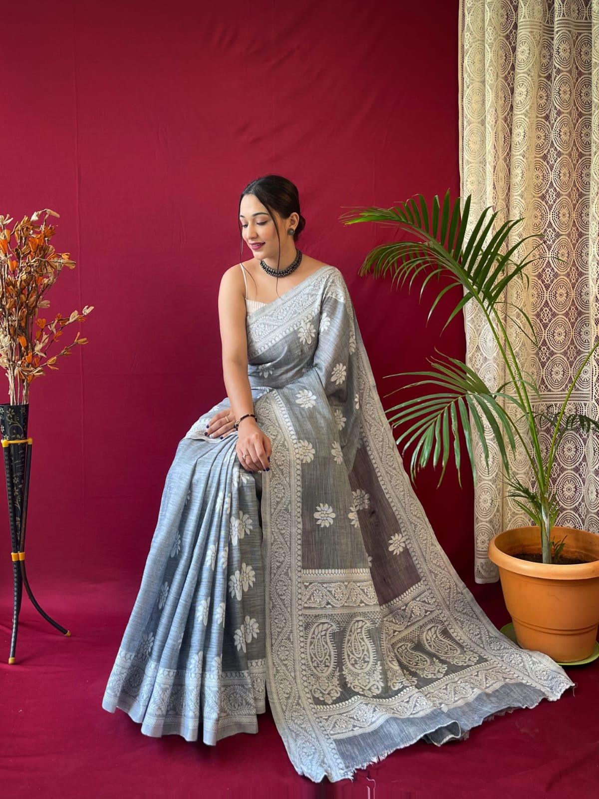 Designer Upasna Pure Linen Lucknowi Weaving Saree