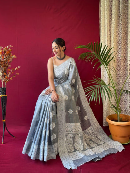 Designer Upasna Pure Linen Lucknowi Weaving Saree