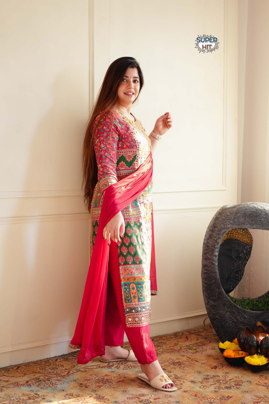 Beautiful Printed Maslin with full Sequence Suit