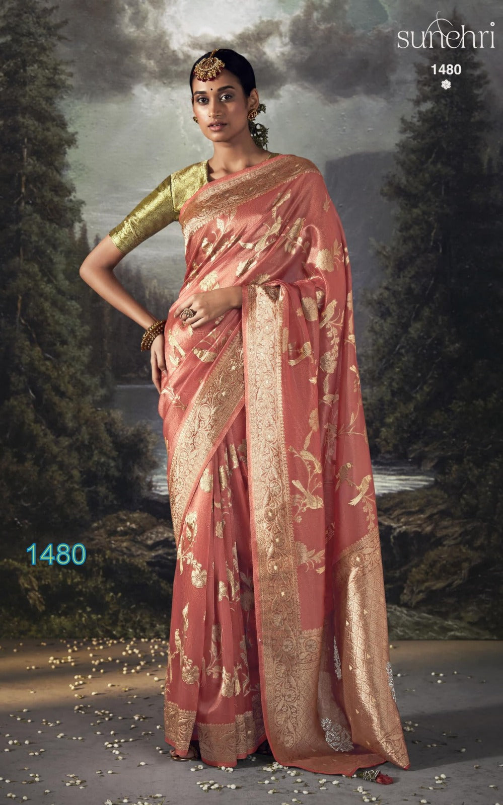 Kimora Sunheri Raat Rani Banarasi Zari With Organza Saree Design 1480