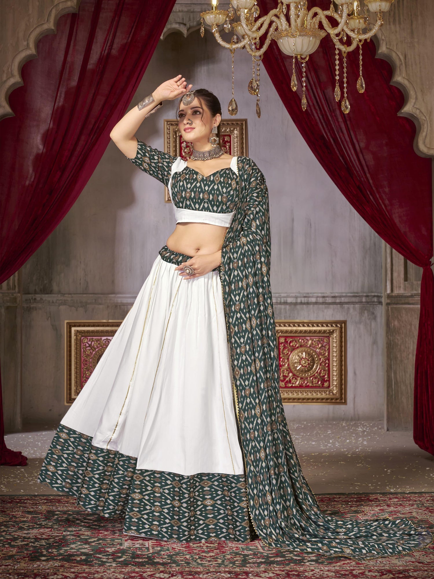Beautiful Designer Cotton with Ikkat Print Ghoomar Lehenga Choli