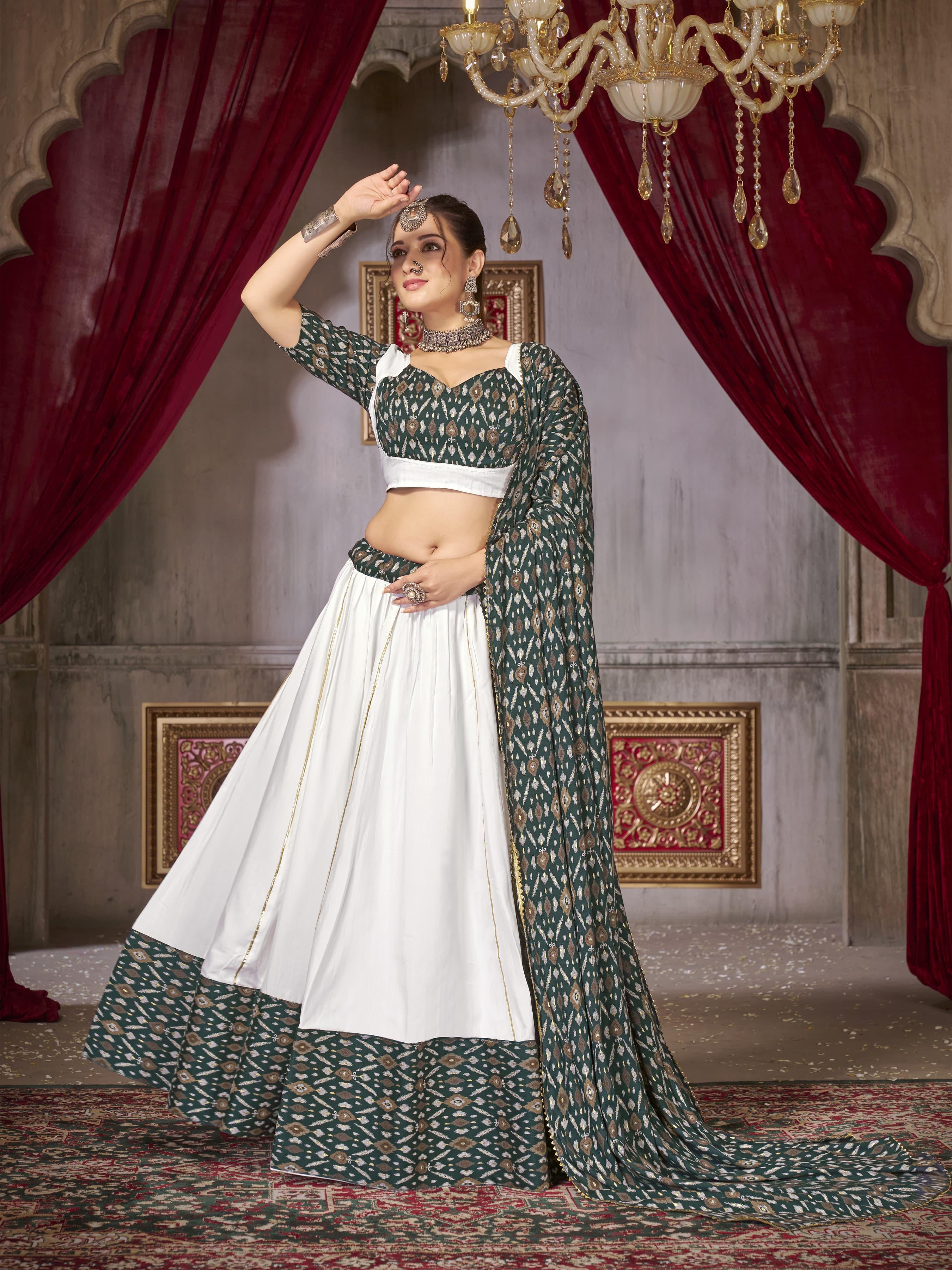 Beautiful Designer Cotton with Ikkat Print Ghoomar Lehenga Choli