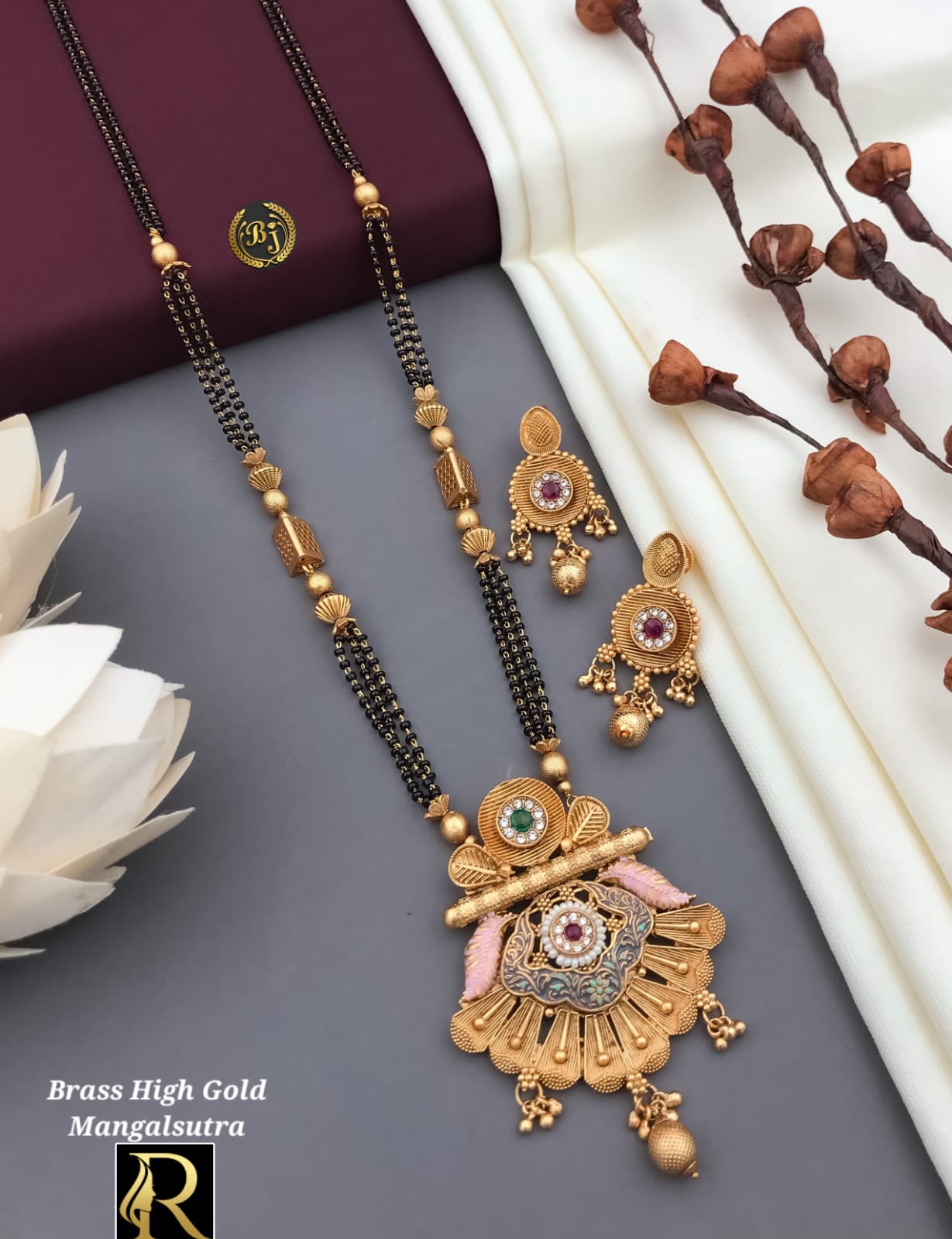Beautiful Gold Plated Antique Rajwadi Long Mangalsutra with Earrings