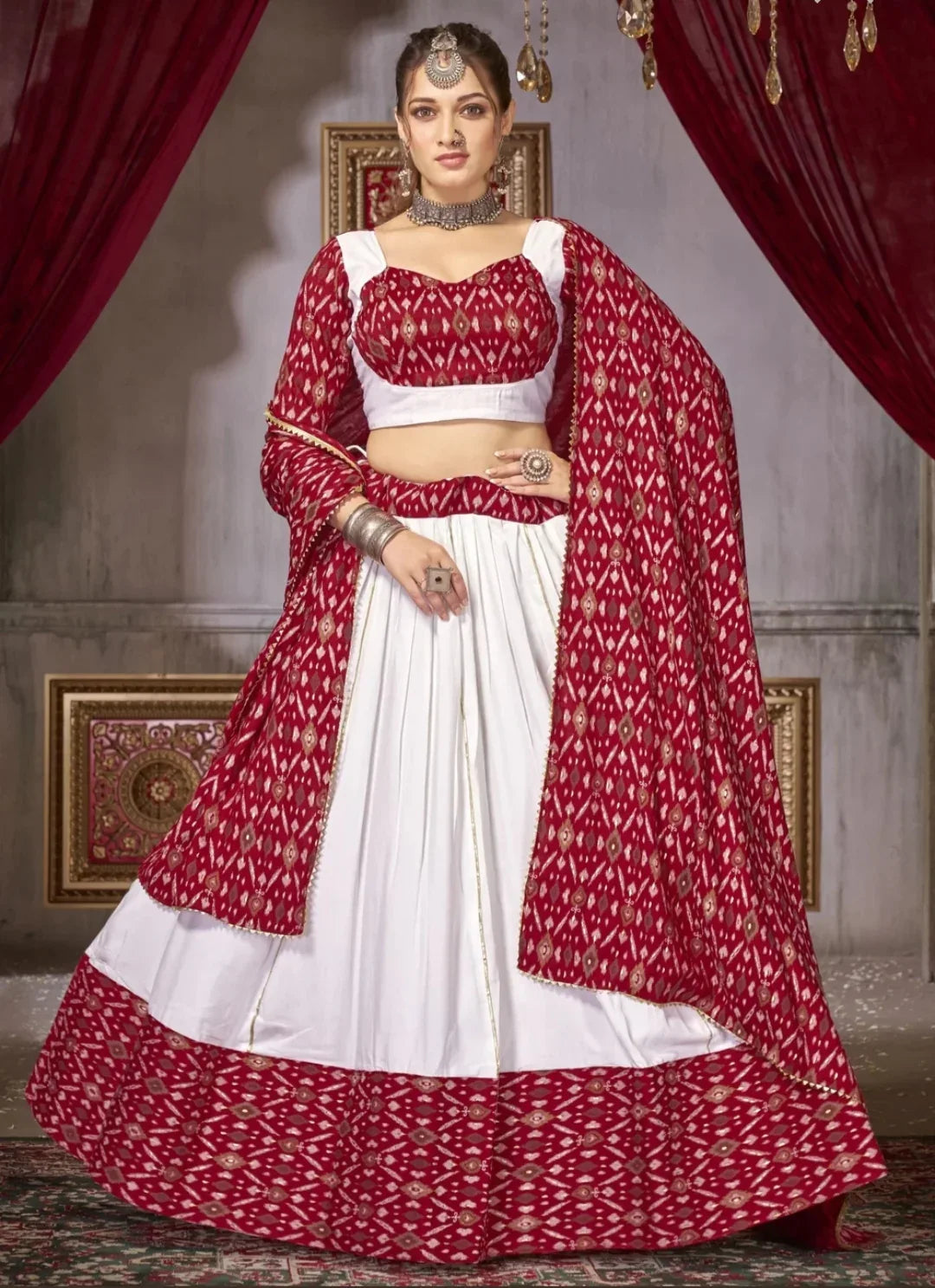 Beautiful Designer Cotton with Ikkat Print Ghoomar Lehenga Choli