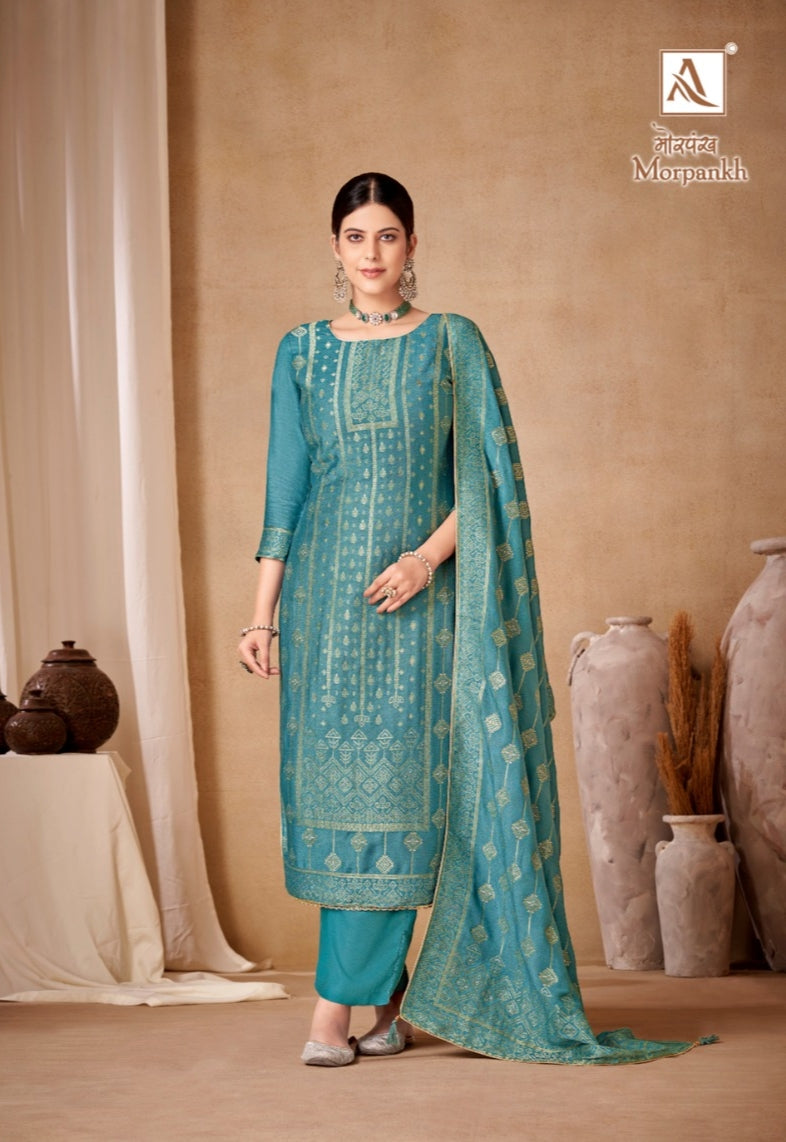 Alok Suits Morpankh Viscose Woolen Pashmina Jacquard With Heavy Hand Work Designer Suit