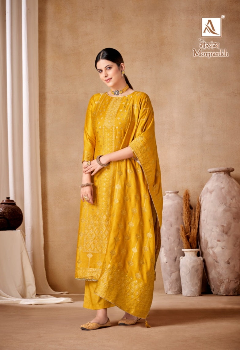 Alok Suits Morpankh Viscose Woolen Pashmina Jacquard With Heavy Hand Work Designer Suit