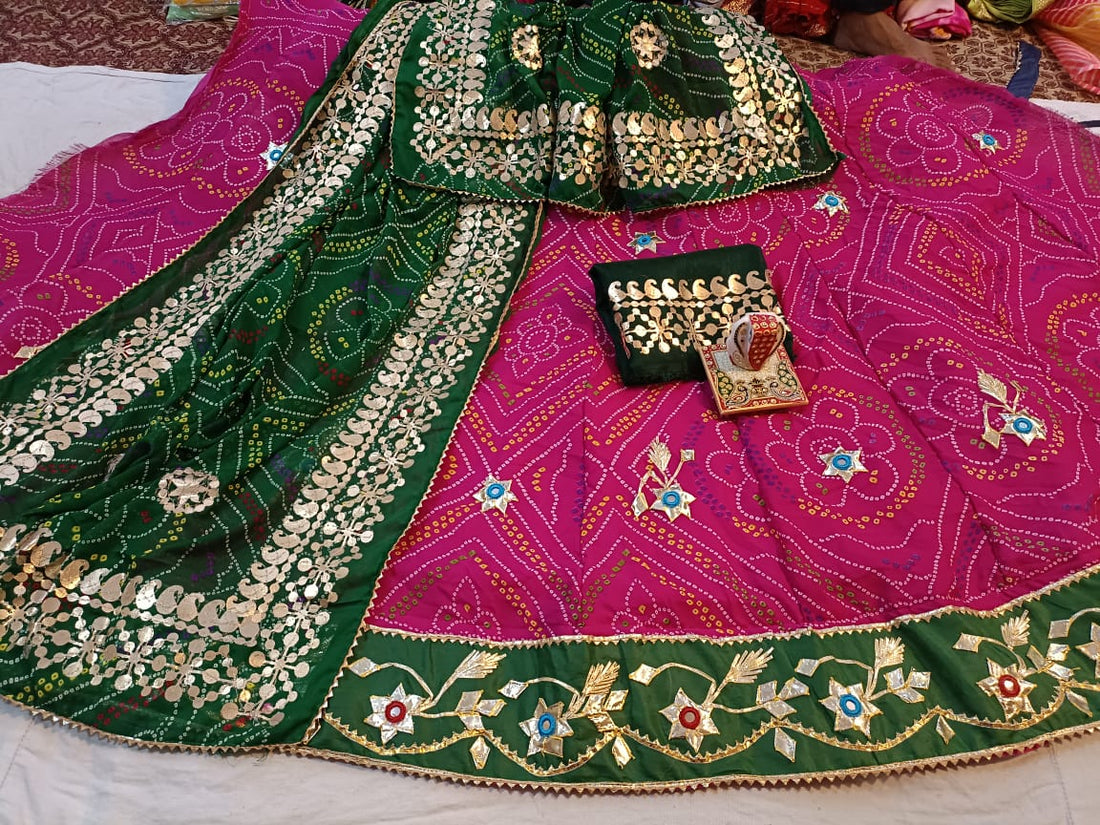 Beautiful Rajasthani Traditional Chunri Heavy Kacchi Gotta Patti Work Bandhej Lehenga