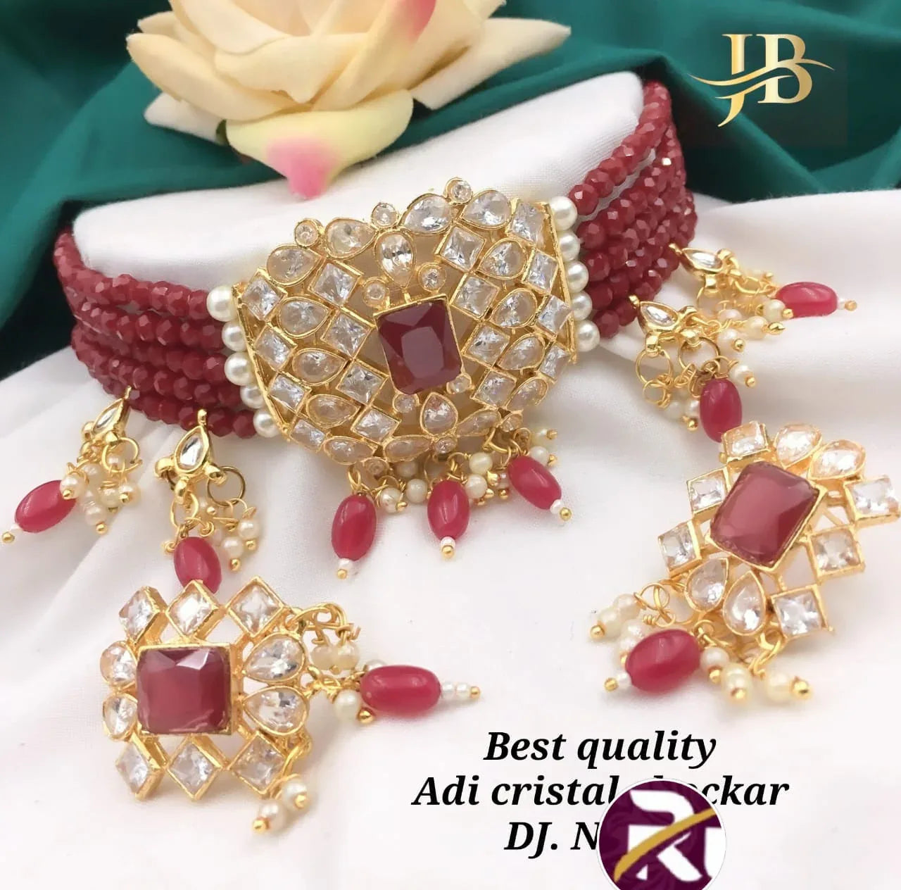 Beautiful Designer Crystal Moti &amp; Kundan Stone and Diamond set with Earrings