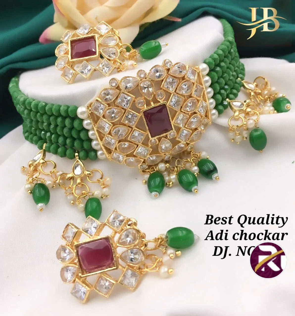 Beautiful Designer Crystal Moti &amp; Kundan Stone and Diamond set with Earrings