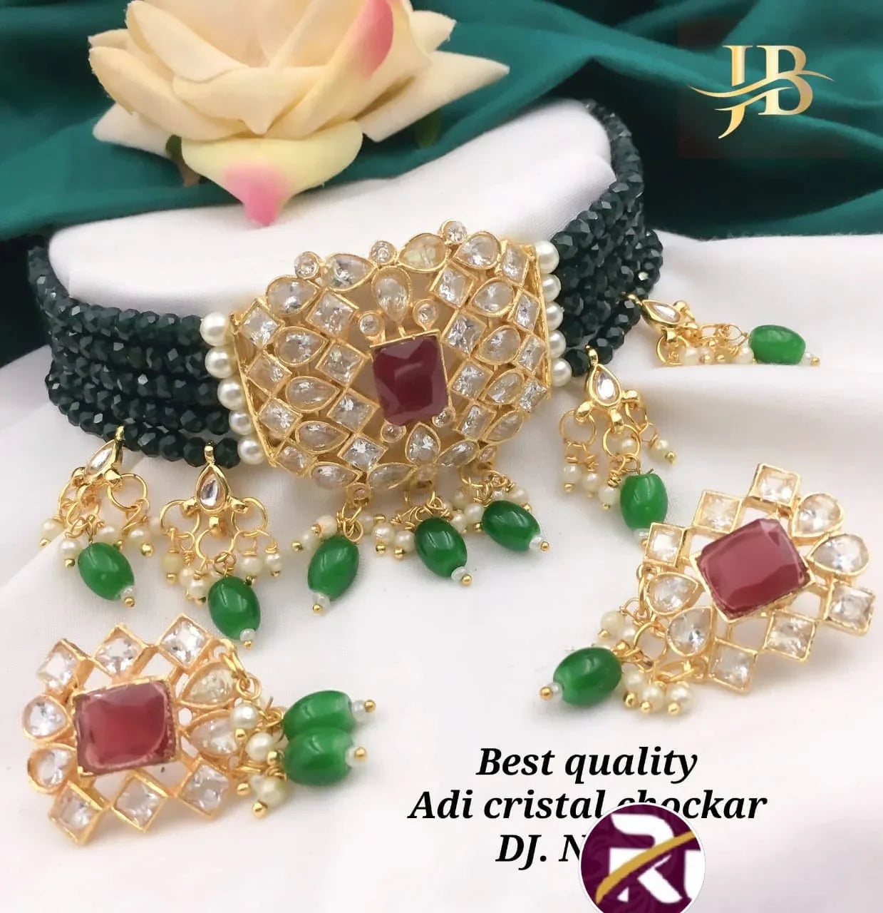 Beautiful Designer Crystal Moti &amp; Kundan Stone and Diamond set with Earrings
