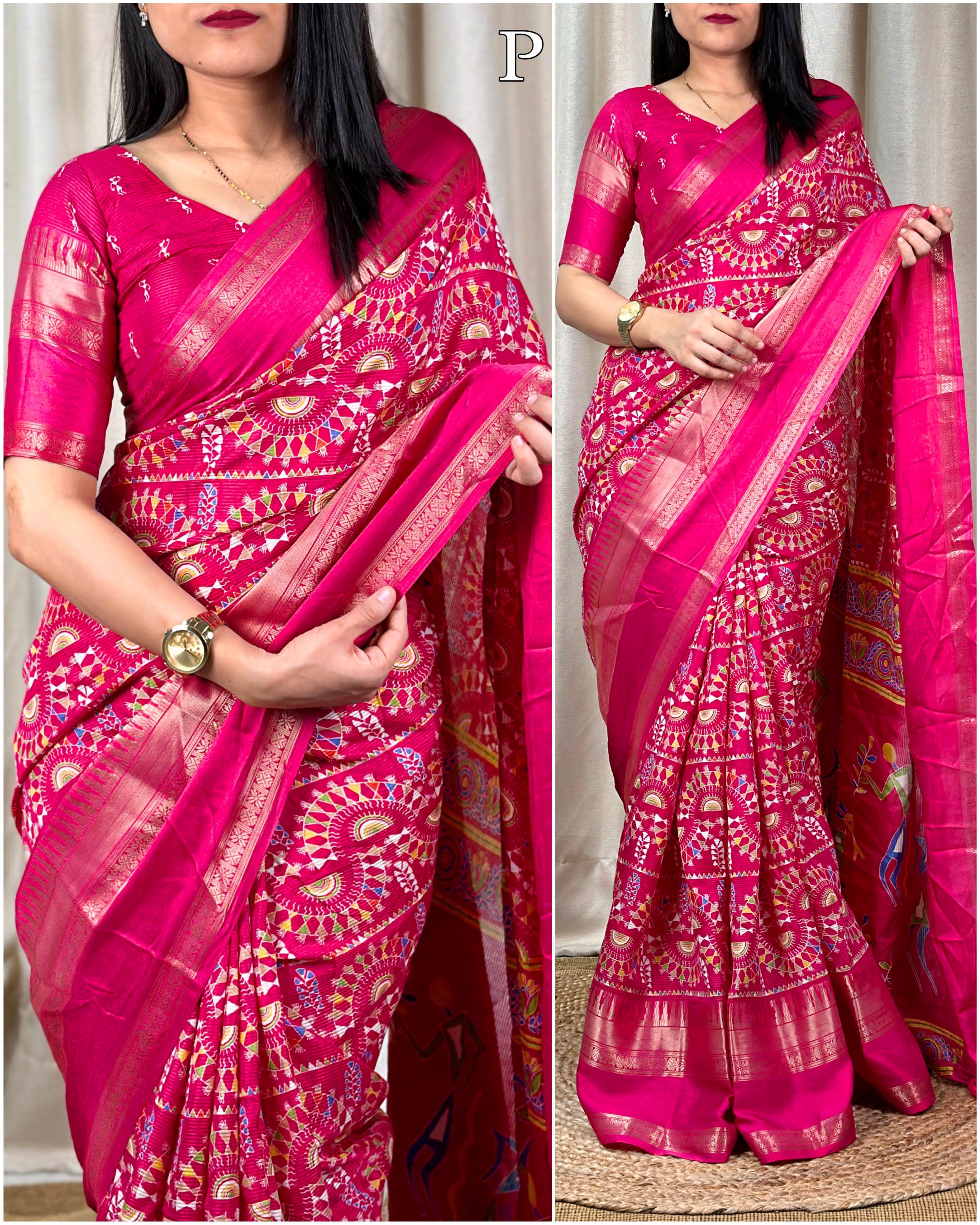 Beautiful Designer Chaitra Kalamkari Print Saree With Zari Boder