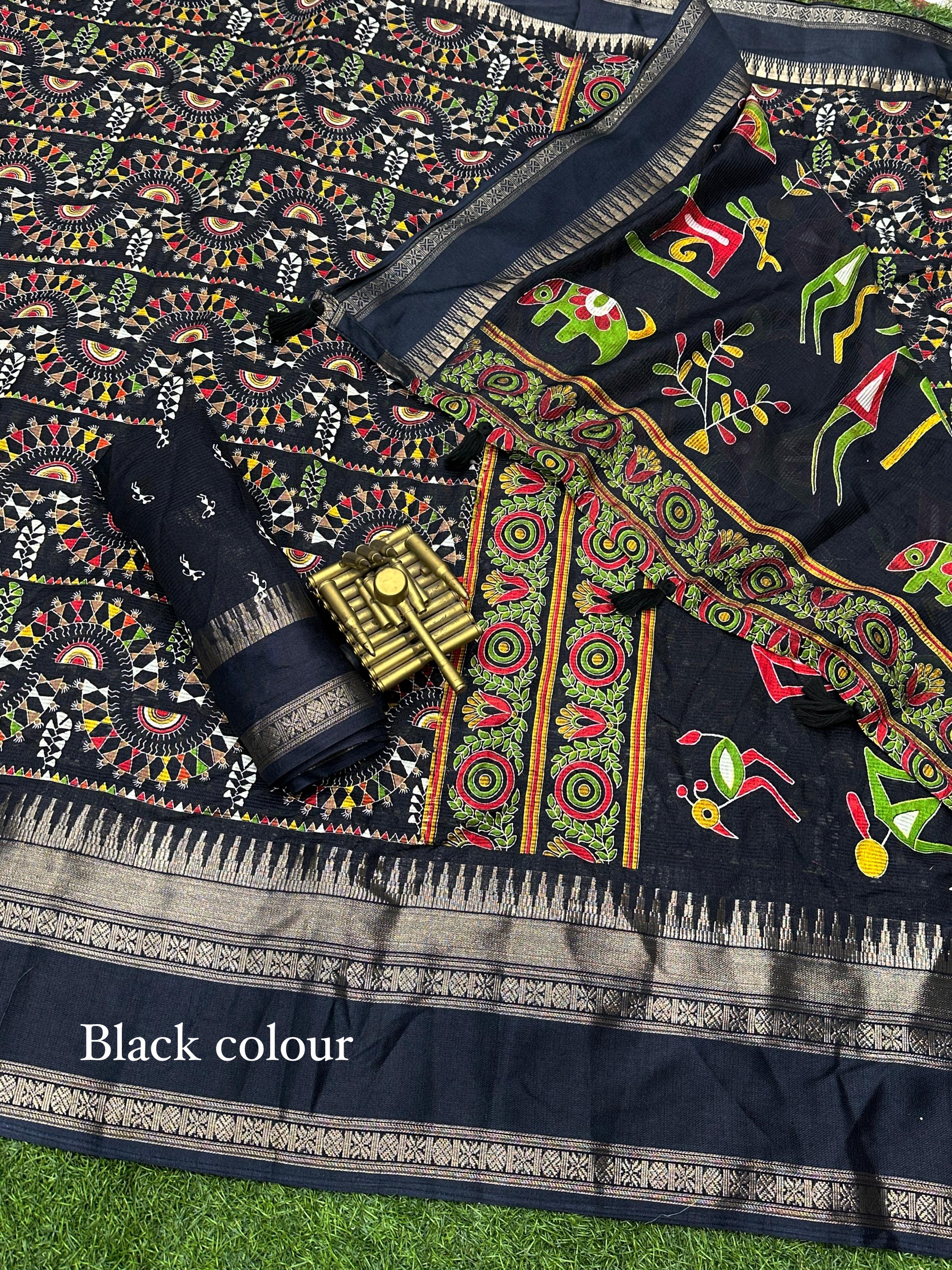 Beautiful Designer Chaitra Kalamkari Print Saree With Zari Boder