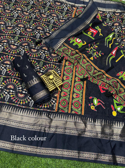 Beautiful Designer Chaitra Kalamkari Print Saree With Zari Boder