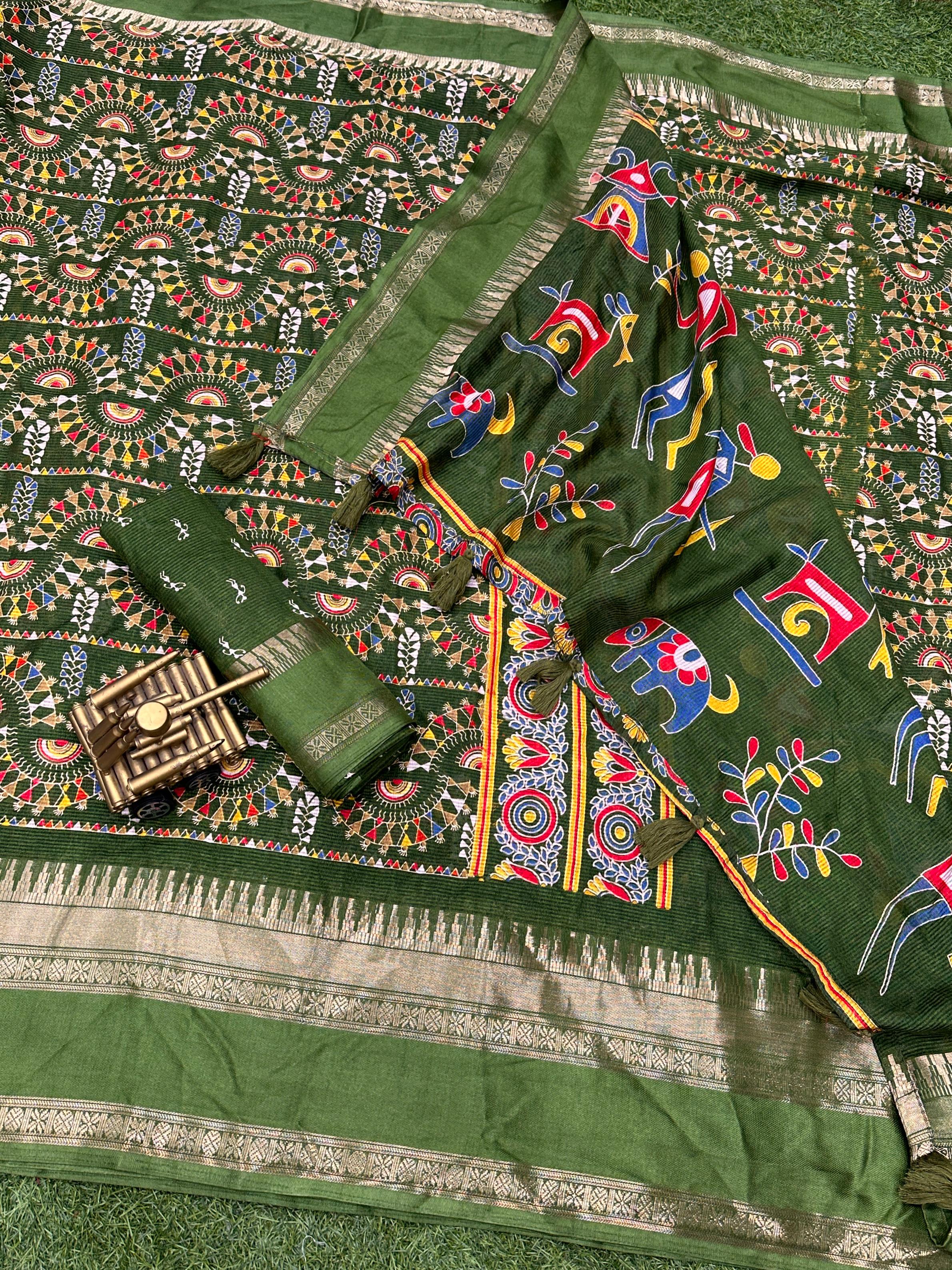 Beautiful Designer Chaitra Kalamkari Print Saree With Zari Boder