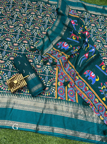 Beautiful Designer Chaitra Kalamkari Print Saree With Zari Boder