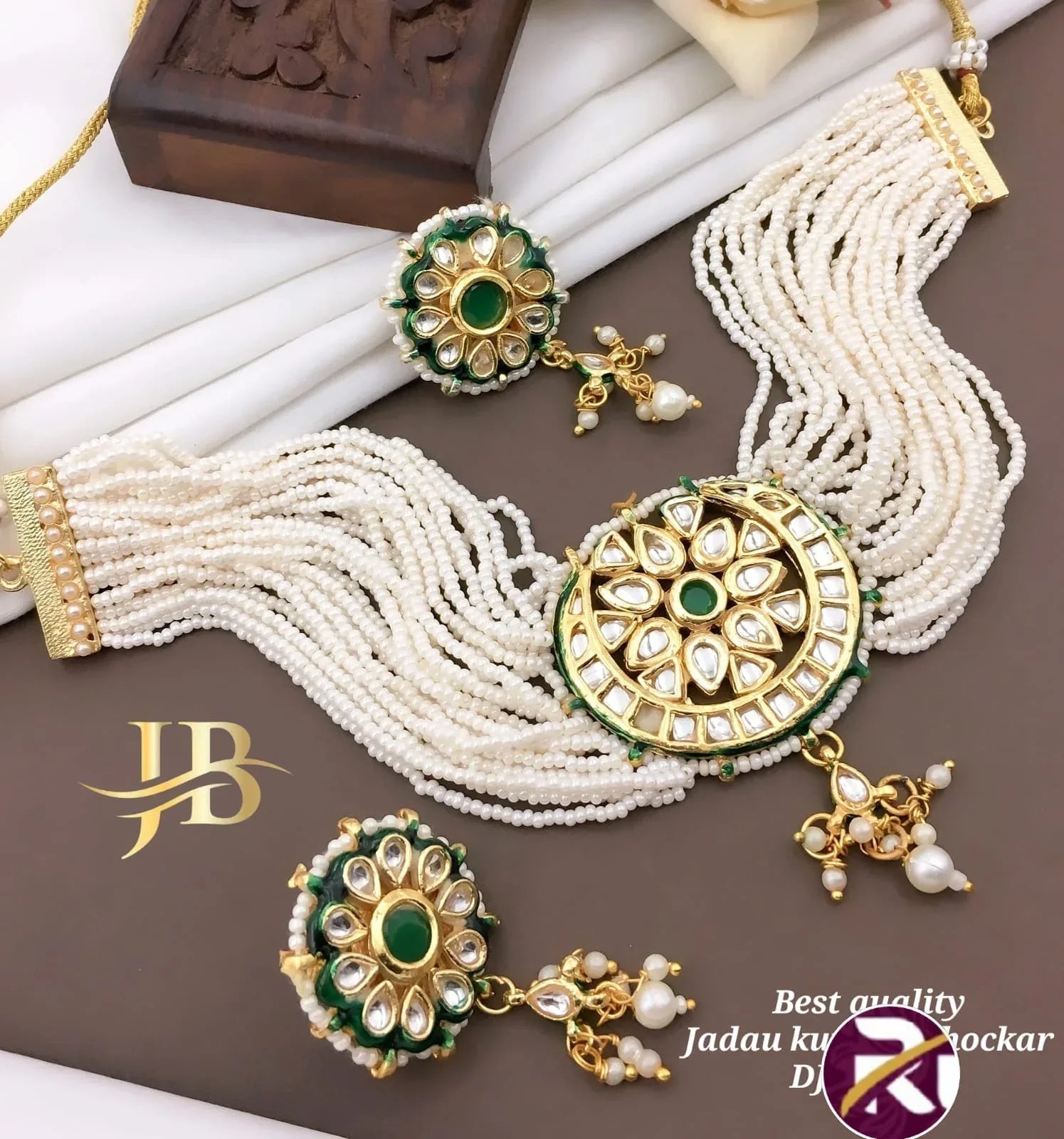 Beautiful Kundan &amp; Moti Choker &amp; Necklace Set with Earrings