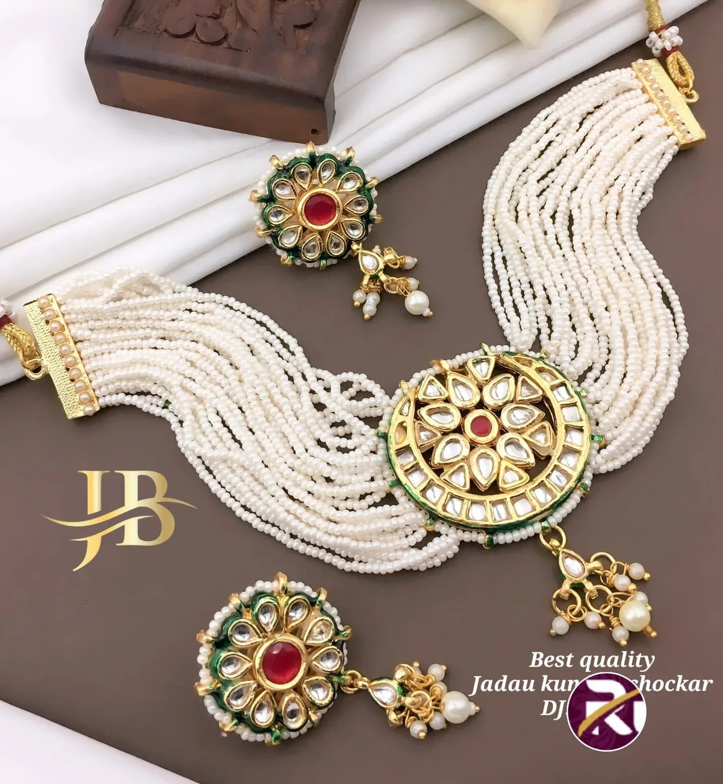 Beautiful Kundan &amp; Moti Choker &amp; Necklace Set with Earrings