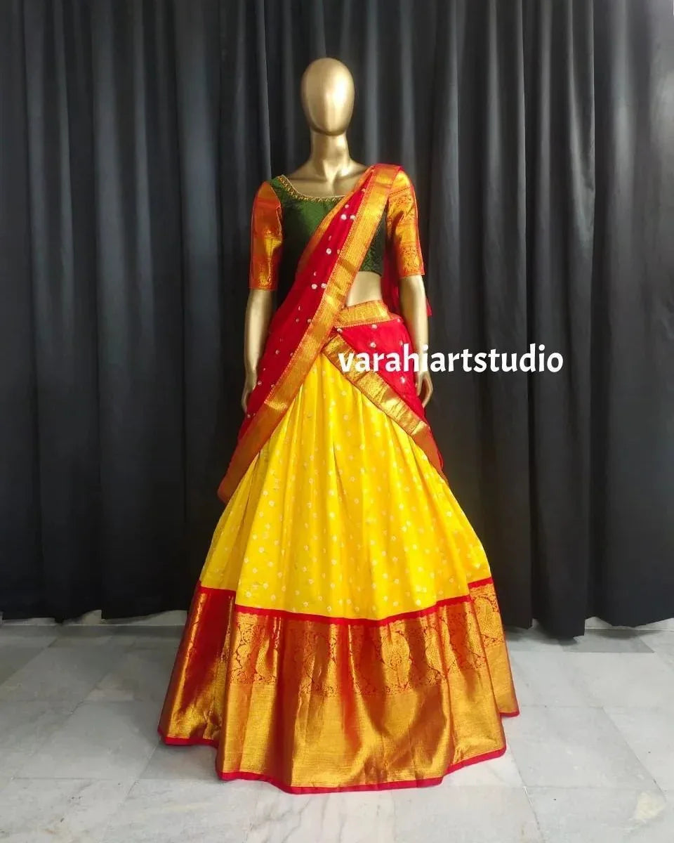 Beautiful Kanjiveram Silk Pure Zari HALF Saree with Blouse Along With Dupptta